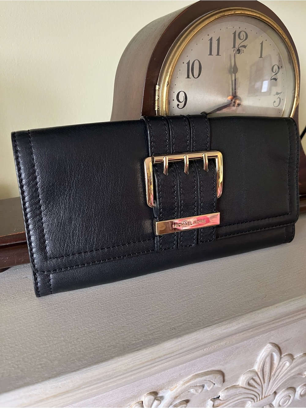 Vintage Michael Kors Black Leather Buckle Continental Wallet with Gold Hardware